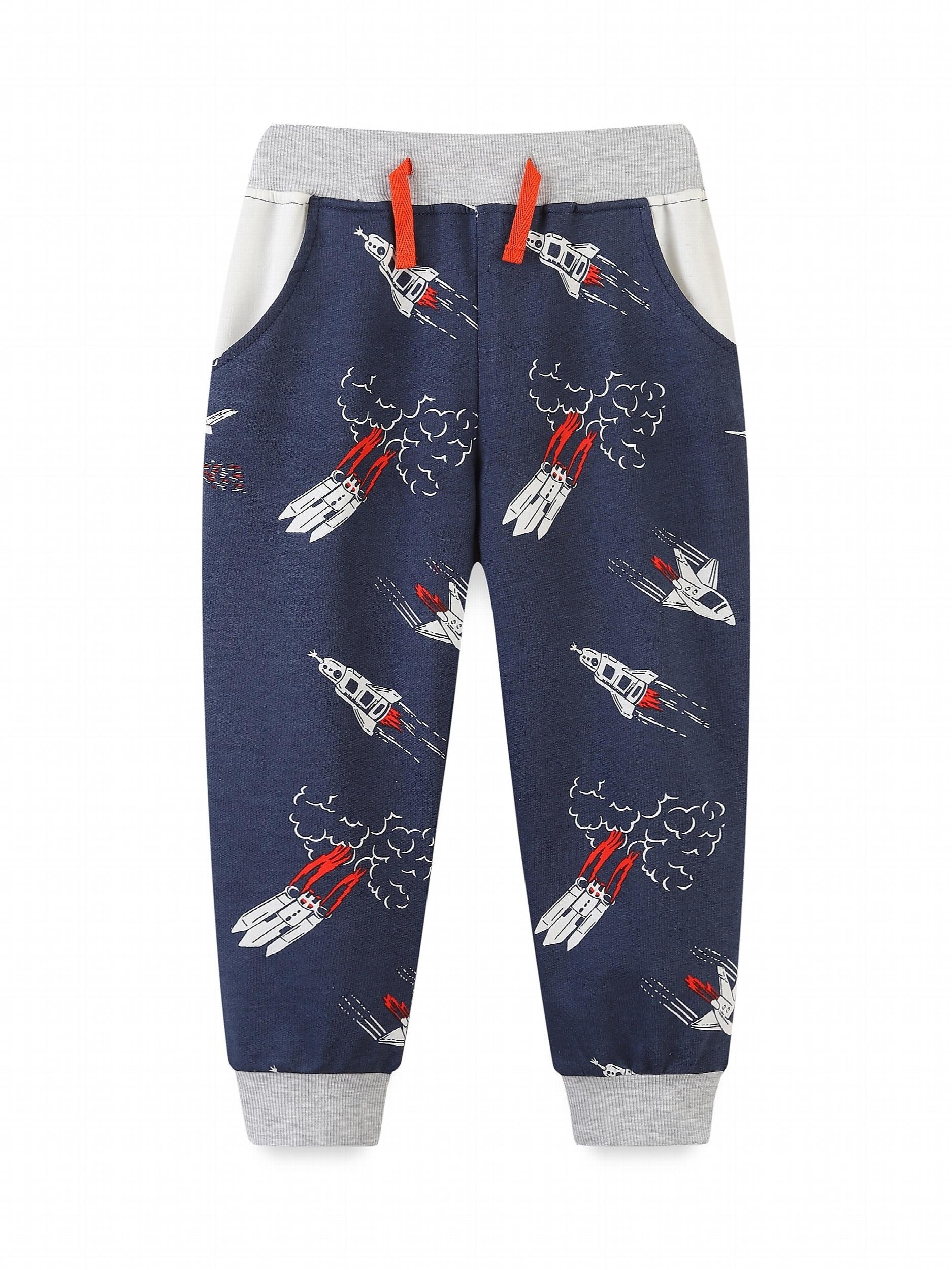 Toddler Kid's Cotton Sweatpants Cartoon Rocket Print Elastic Waist Pants