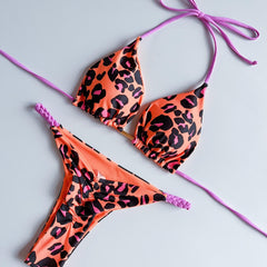 Tropical Print Bikini Set Halter V Neck High Cut Thong 2 Piece Swimwear