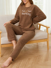 Letter Print Pajama Set Long Sleeve Crew Neck Top & Elastic Waistband Pants