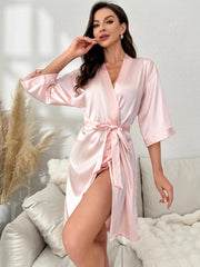 Satin Night Robe 3/4 Sleeve Lounge Robe With Belt Women's Sleepwear