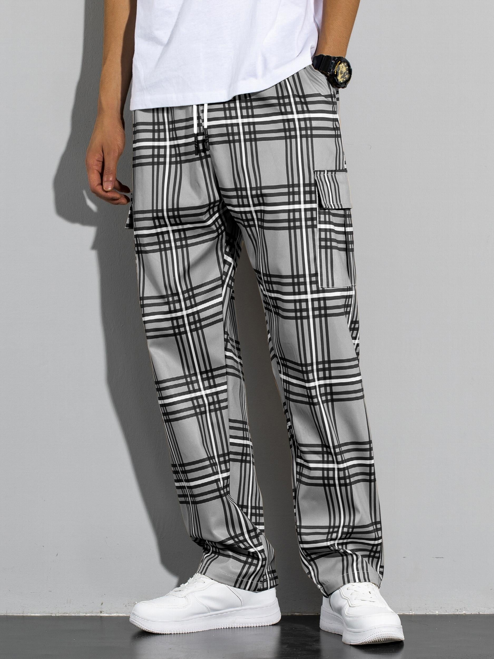 Vintage Plaid Cargo Pants Men's Flap Pocket Straight Trousers