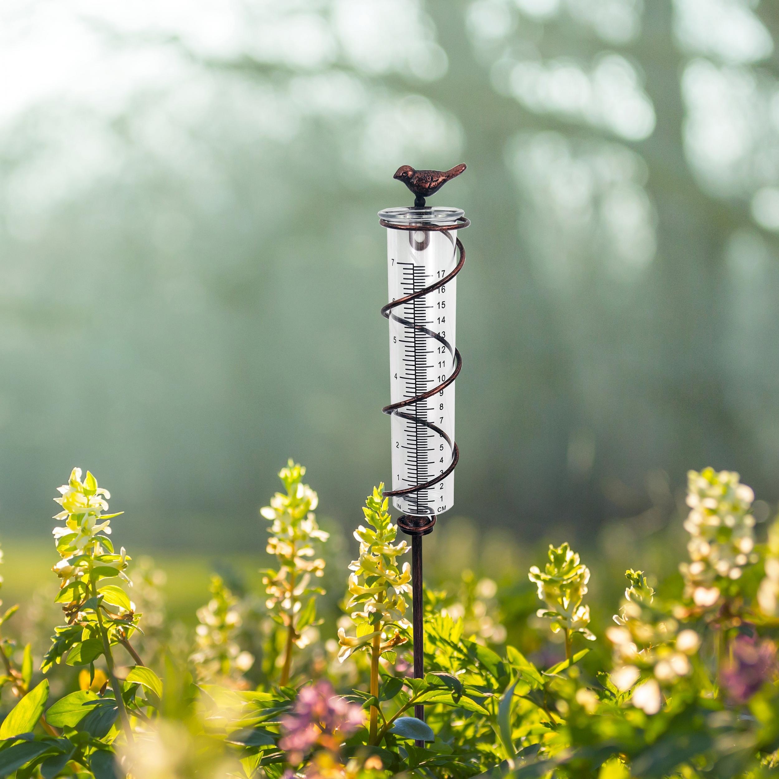 Metal Bird Rain Gauge Stake 7 Capacity Cast Iron Hanging Outdoor Garden Law