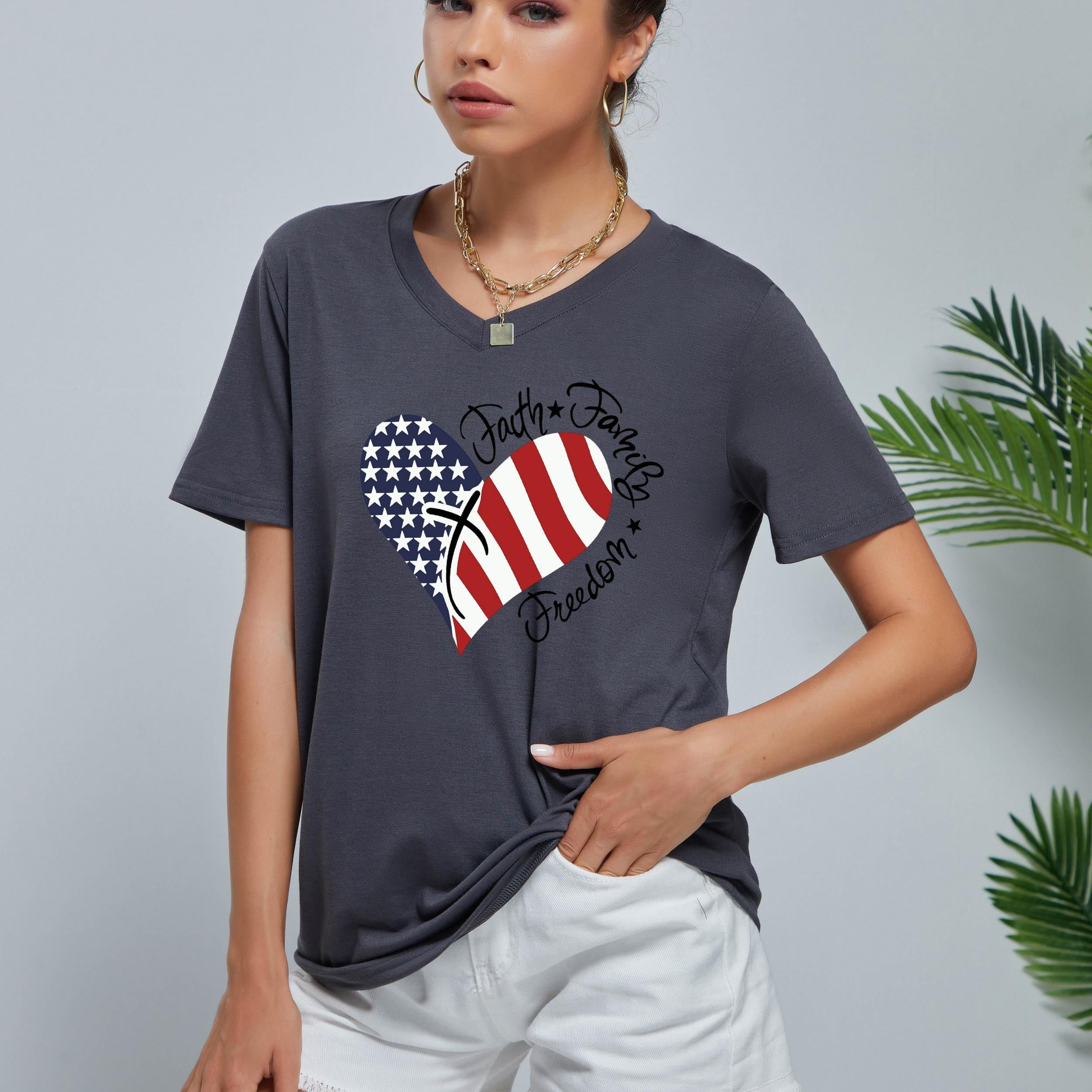 Love Heart Print Short Sleeve T shirt With American Flag Element
