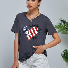 Love Heart Print Short Sleeve T shirt With American Flag Element