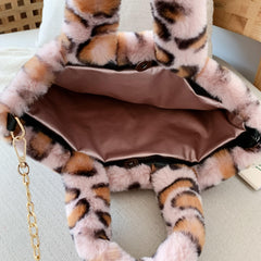 Leopard Faux Fur Shoulder Bag Chain Messenger Large Plush Handbag