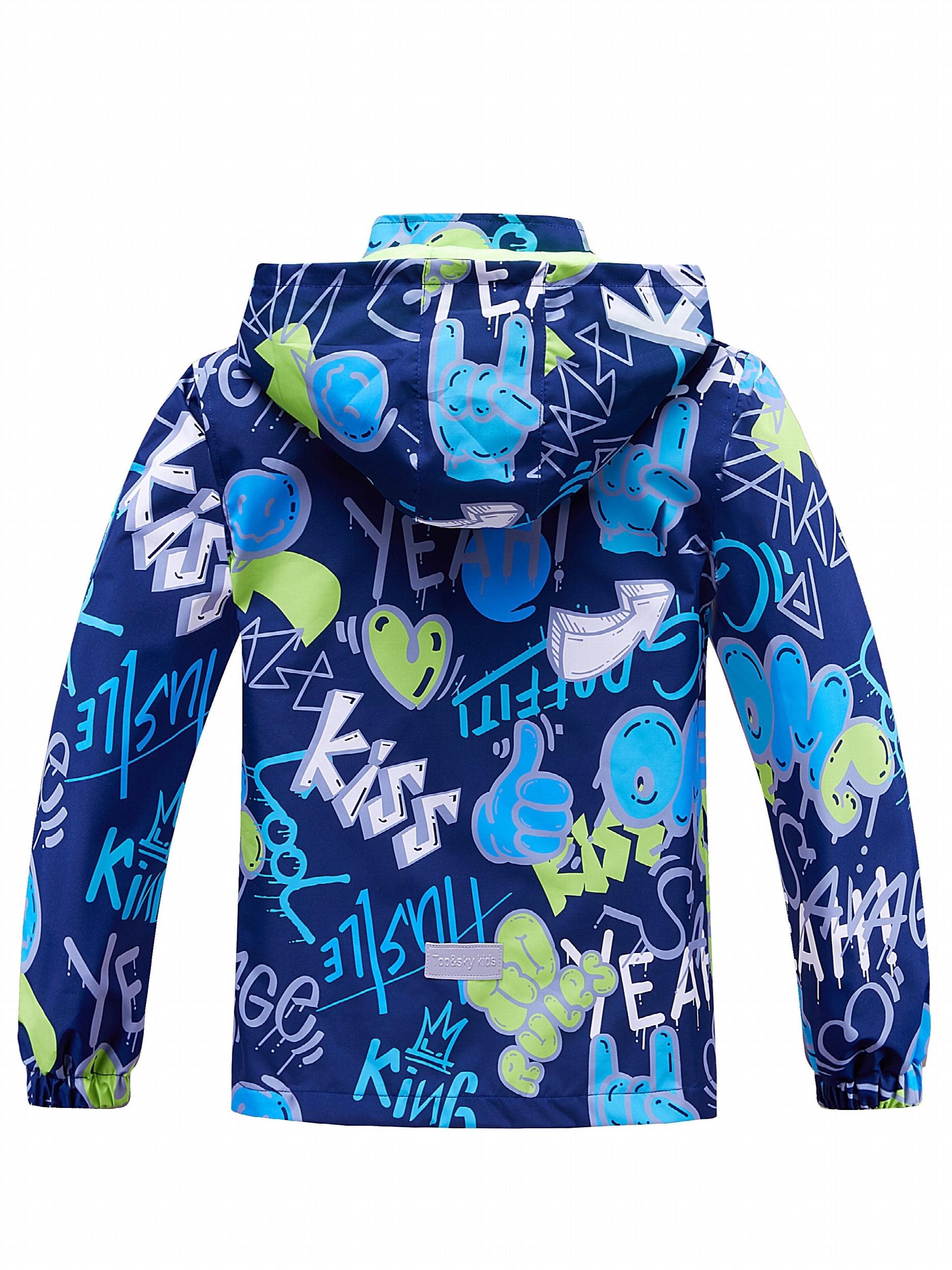 Graffiti Letter Boys Windbreaker Jacket with Hood Long Sleeve Zip Waterproof
