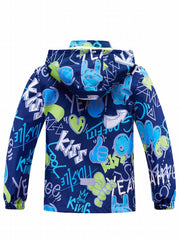 Graffiti Letter Boys Windbreaker Jacket with Hood Long Sleeve Zip Waterproof