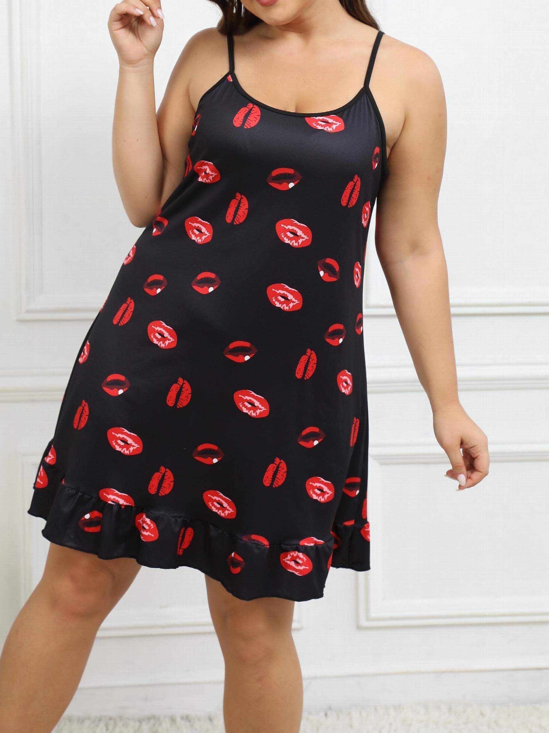 Plus Lip Print Round Neck Cami Nightdress