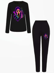 Skull Print Top & Leggings Set Long Sleeve Round Neck Outfits