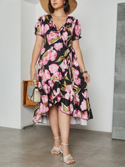 Floral Print Puff Sleeve Wrap Dress
