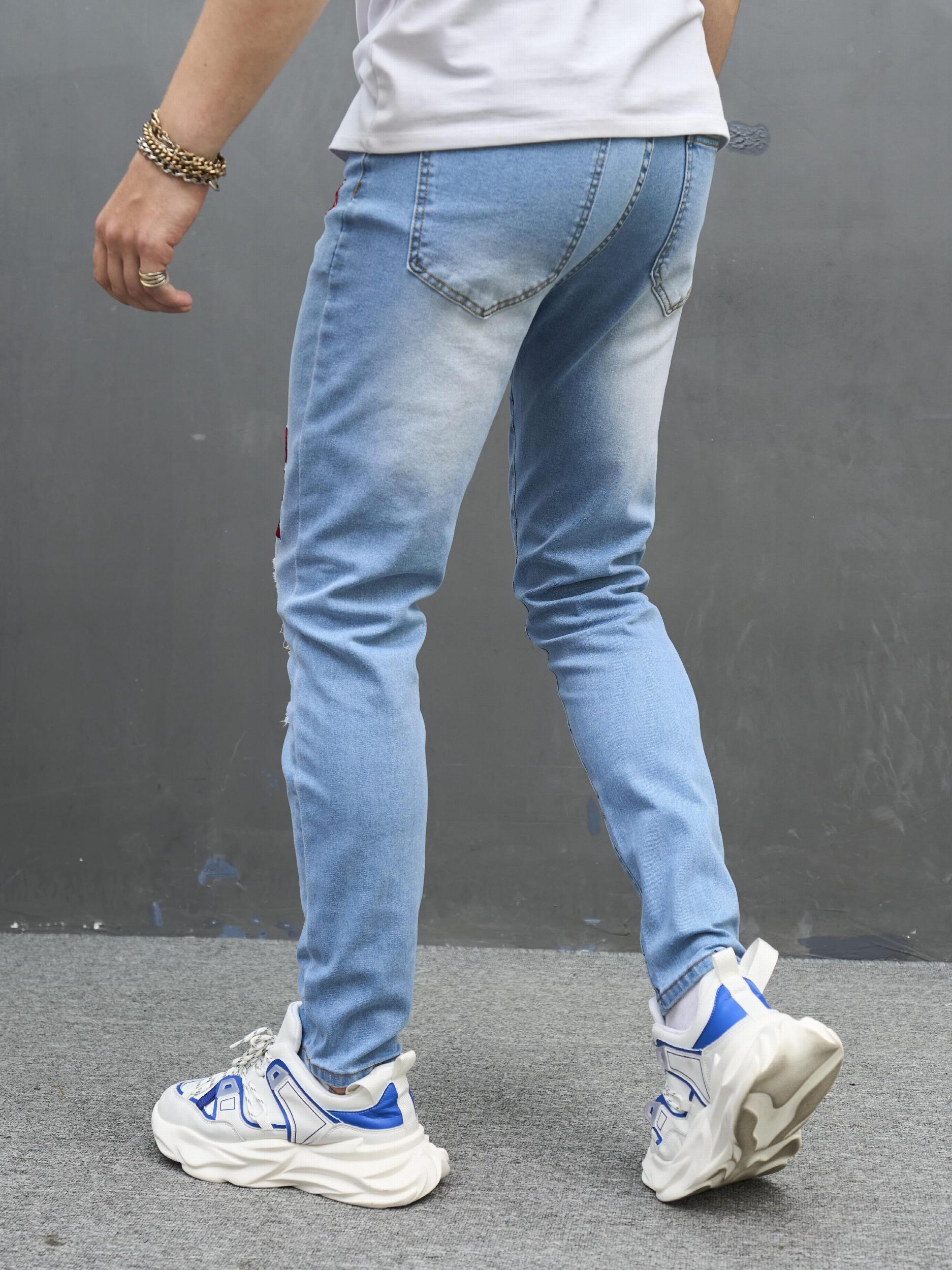 Embroidery Letter Slim Fit Ripped Jeans Men's Street Style Denim Pants