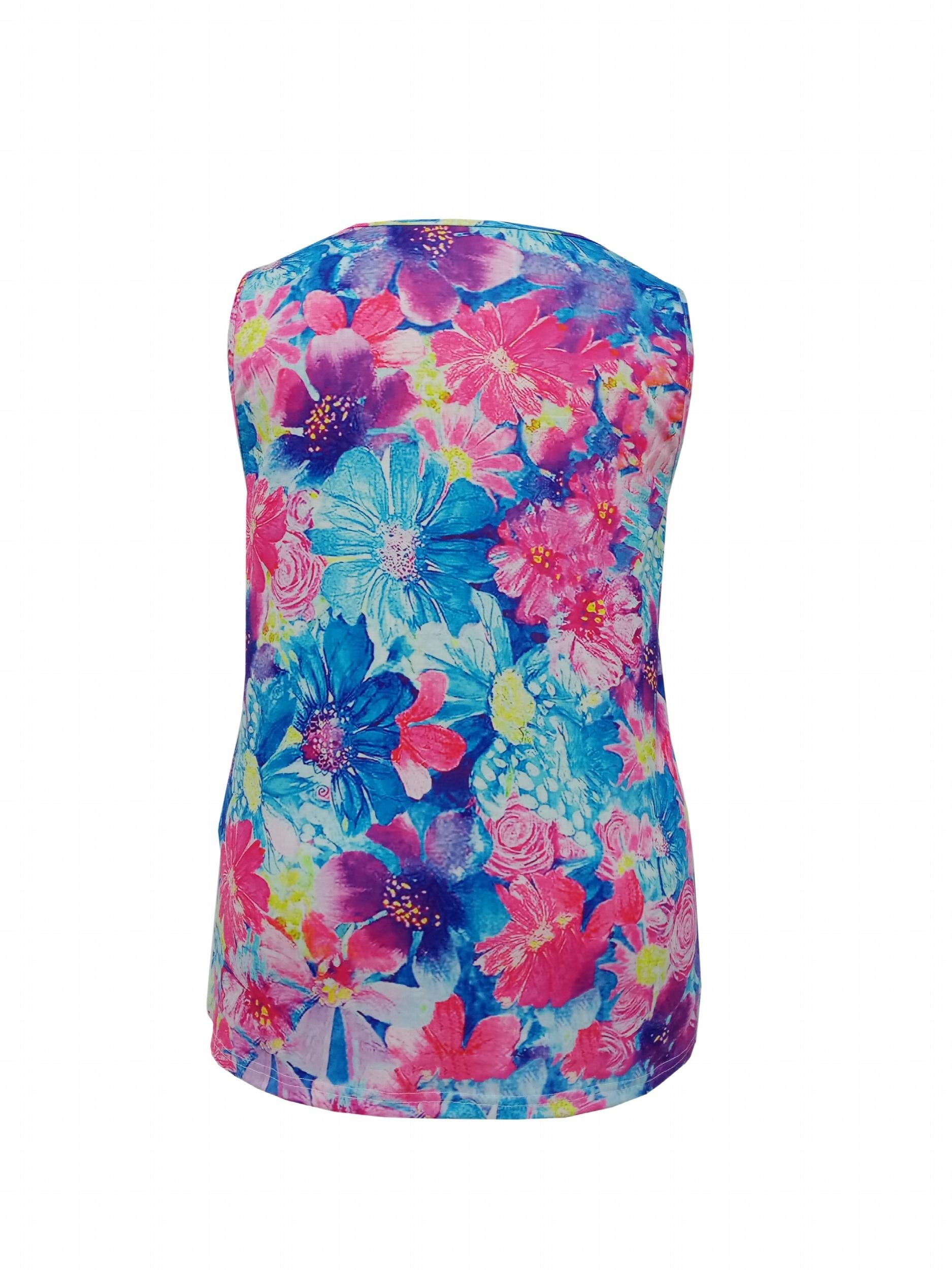 Floral Print Plus Size Tank Top Round Neck Slight Stretch