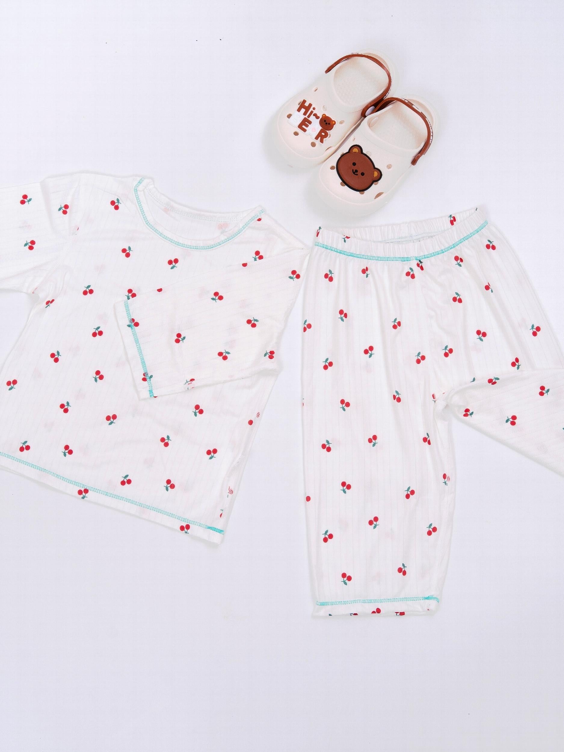 Girls 2pcs Cherry Print Pajamas Set Comfortable Casual Kids Clothes