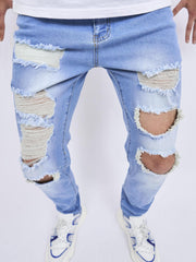 Straight Fit Ripped Jeans Men's Street Style Denim Pants