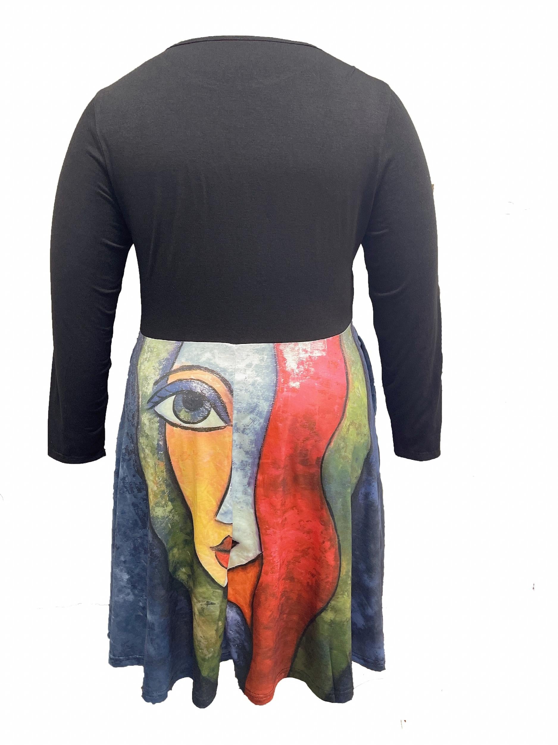Colorblock Abstract Print Round Neck Dress with Belt