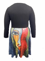 Colorblock Abstract Print Round Neck Dress with Belt