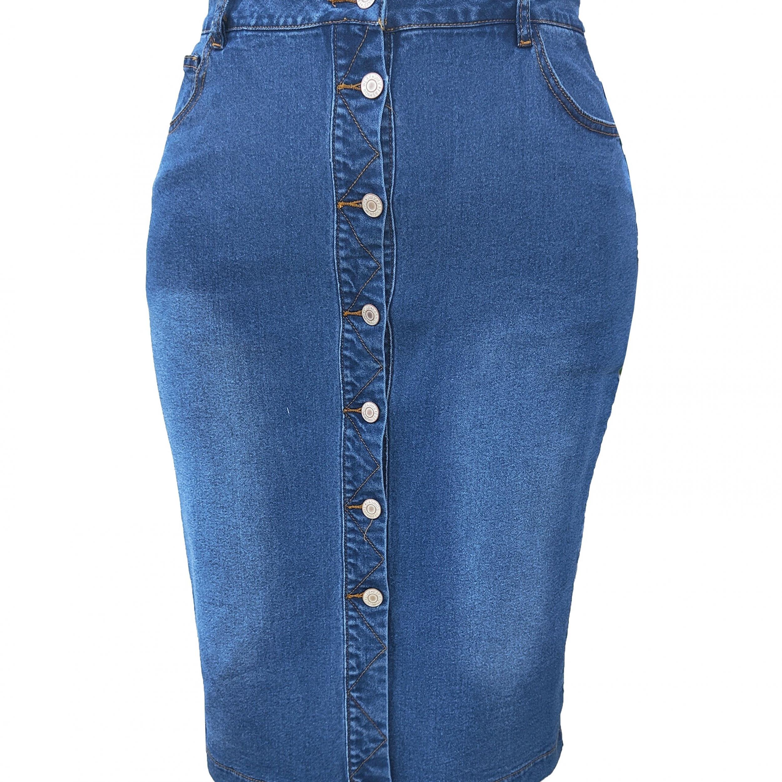 Plus Size Washed Button Up Medium Stretch Slim Fit Denim Skirt