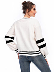 Striped Print Button Front Preppy Jacket V Neck Long Sleeve Outerwear