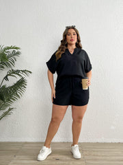 Solid Roll Up Batwing Sleeve Top & Pocketed Shorts Two Piece Set