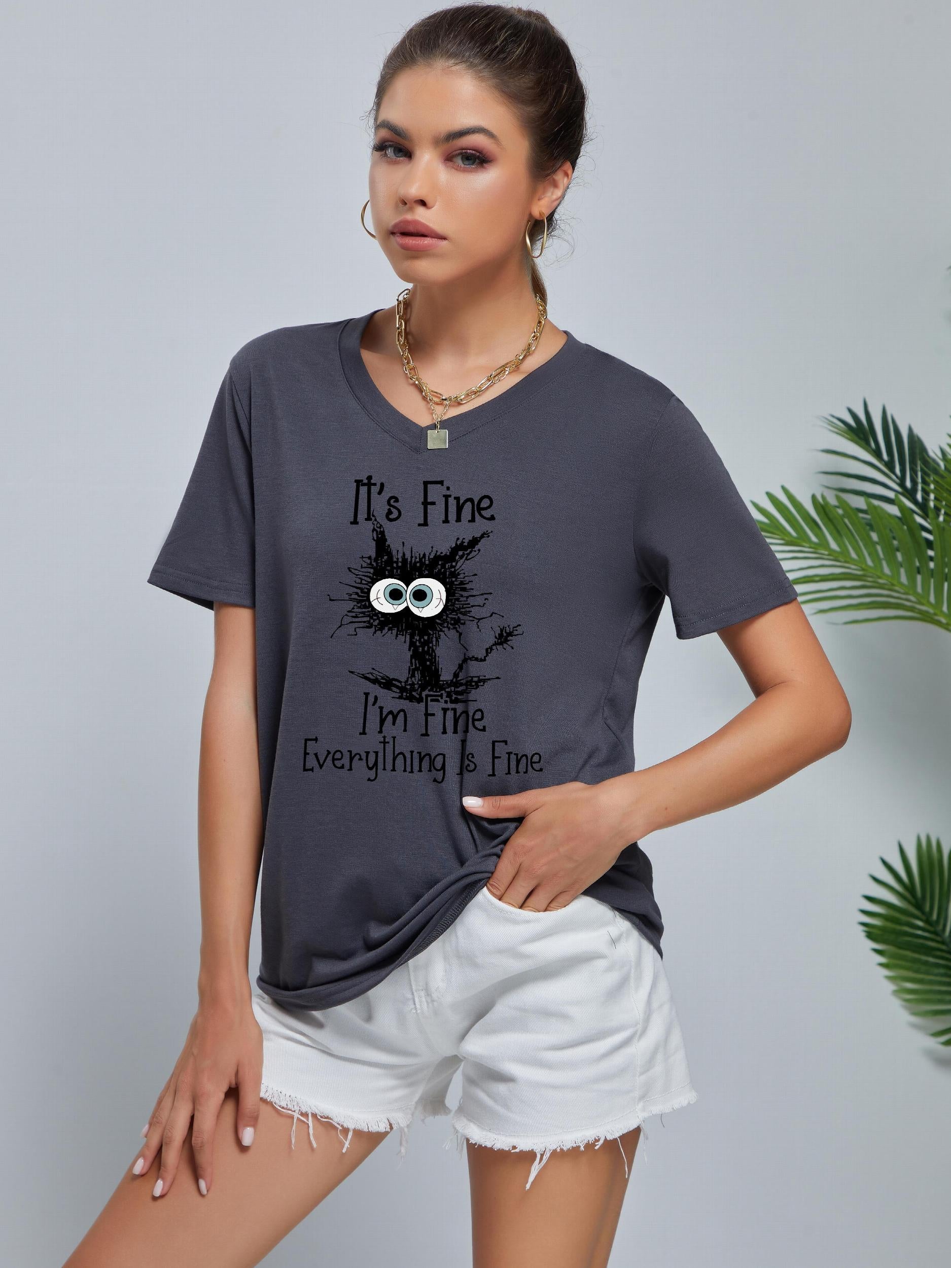 Cartoon Cat V Neck T-shirt for Women