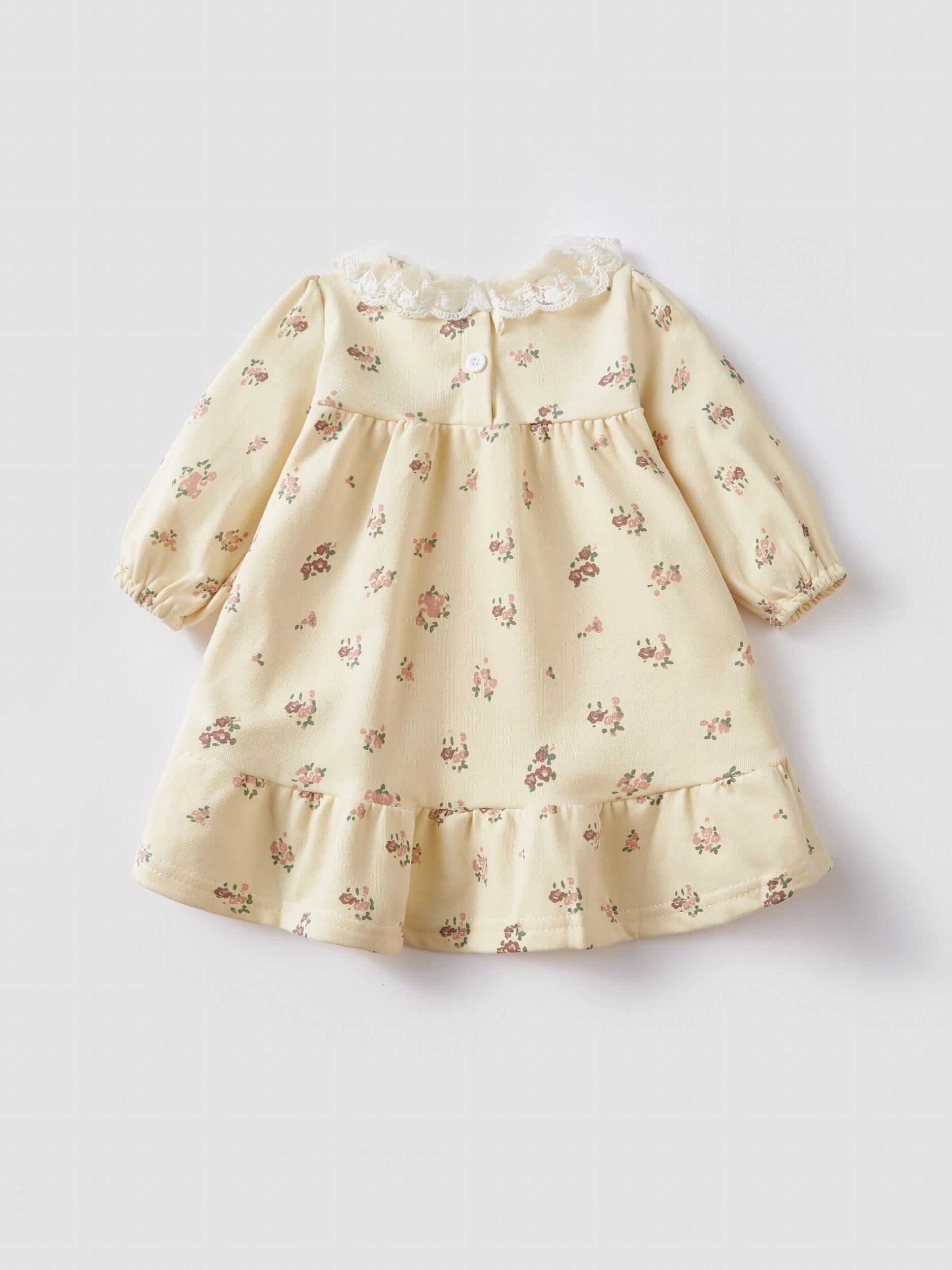 Autumn Baby Girl Floral Print Long Sleeve Lace Neck Casual Dress