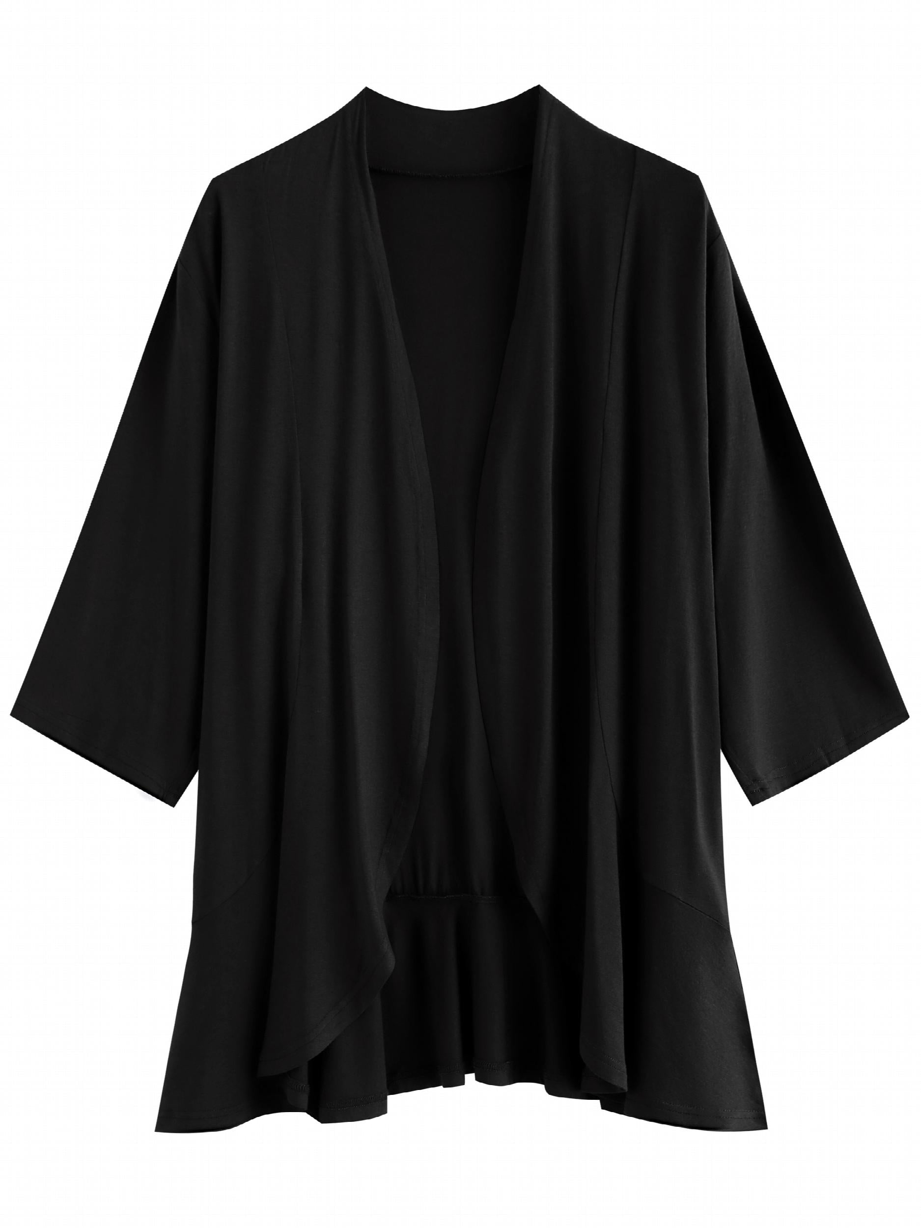 Casual Cardigan Women's Solid Half Sleeve Ruffle Trim Open Front
