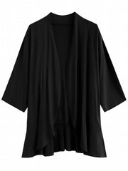 Casual Cardigan Women's Solid Half Sleeve Ruffle Trim Open Front