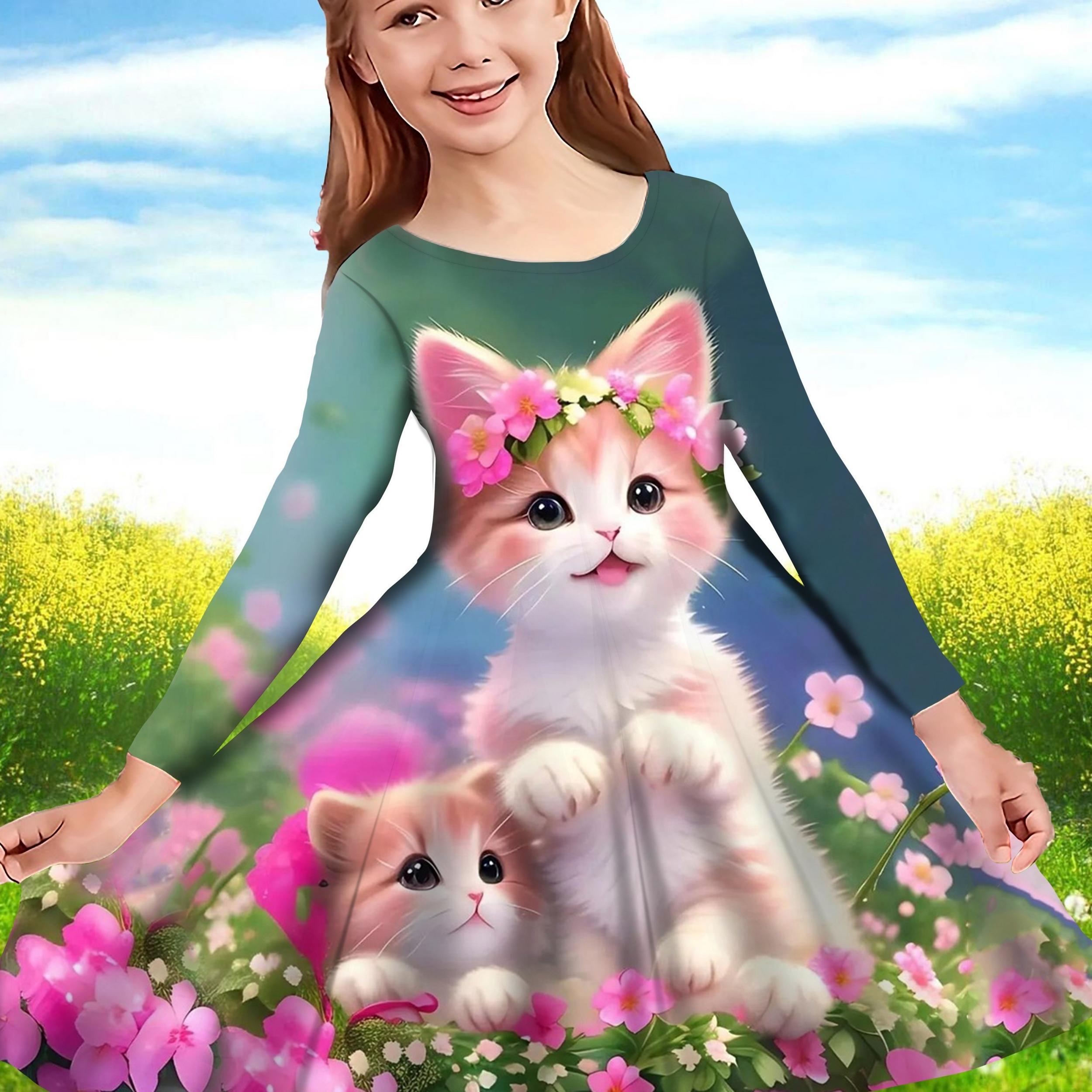 Girls Flower Kitty Long Sleeve Dress Spring Fall Party Gift