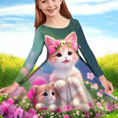 Girls Flower Kitty Long Sleeve Dress Spring Fall Party Gift