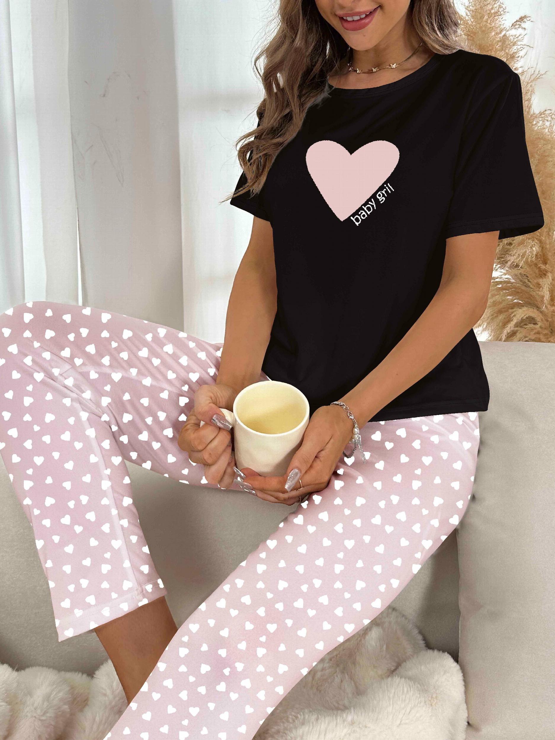Heart Print Pajama Set Short Sleeve Crew Neck Top & Pants