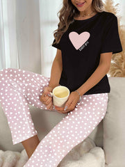 Heart Print Pajama Set Short Sleeve Crew Neck Top & Pants