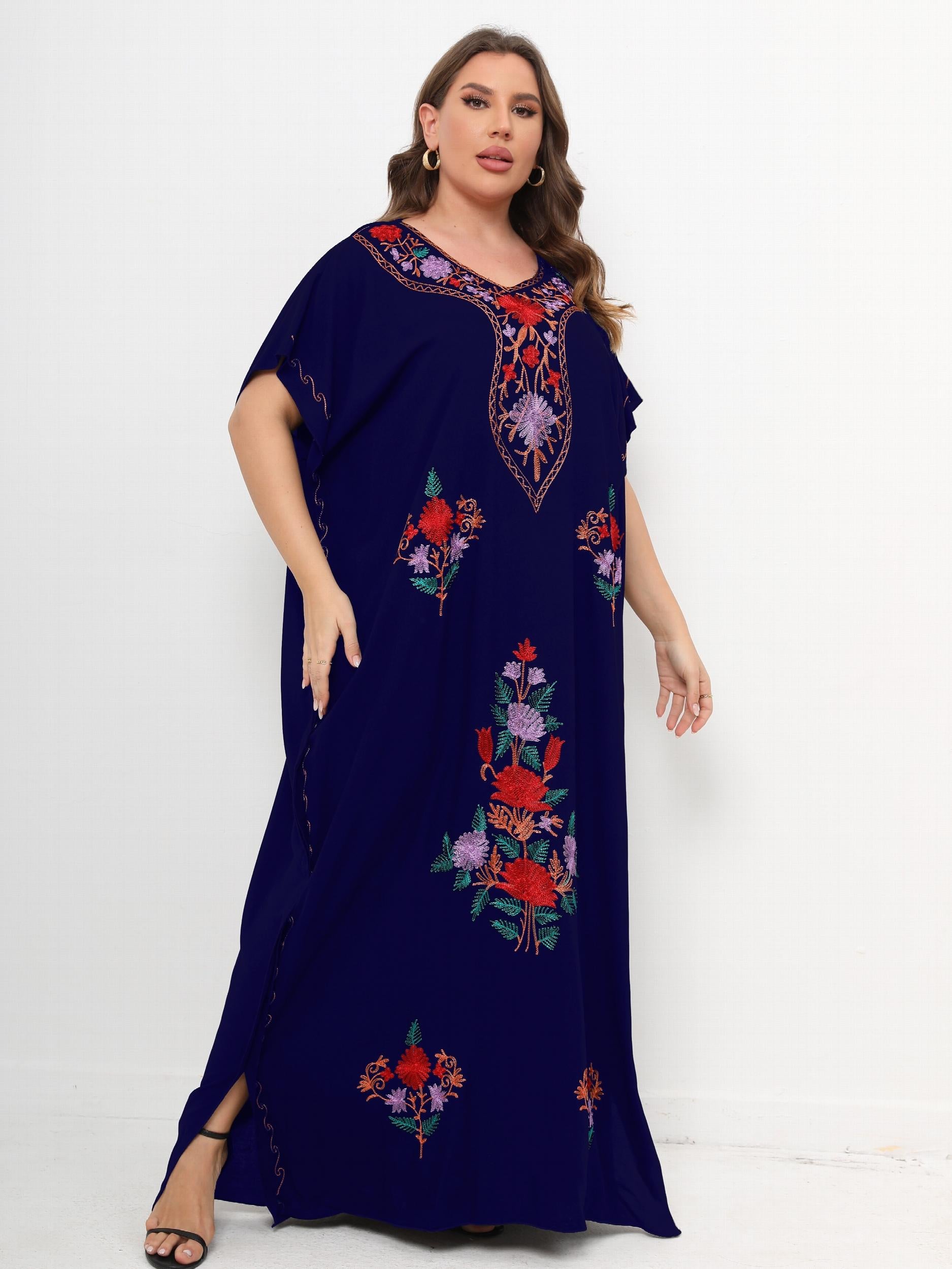 Women's Plus Boho Kaftan Dress Floral Embroidered Batwing Sleeve V Neck Maxi