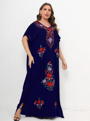 Women's Plus Boho Kaftan Dress Floral Embroidered Batwing Sleeve V Neck Maxi