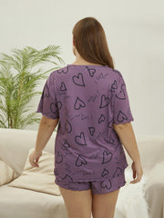 Casual Pajama Set Women's Plus Letter & Heart Short Sleeve Top & Short