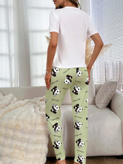 Panda Print Pajama Set Short Sleeve Crew Neck Top & Pants Women's Sleepwear