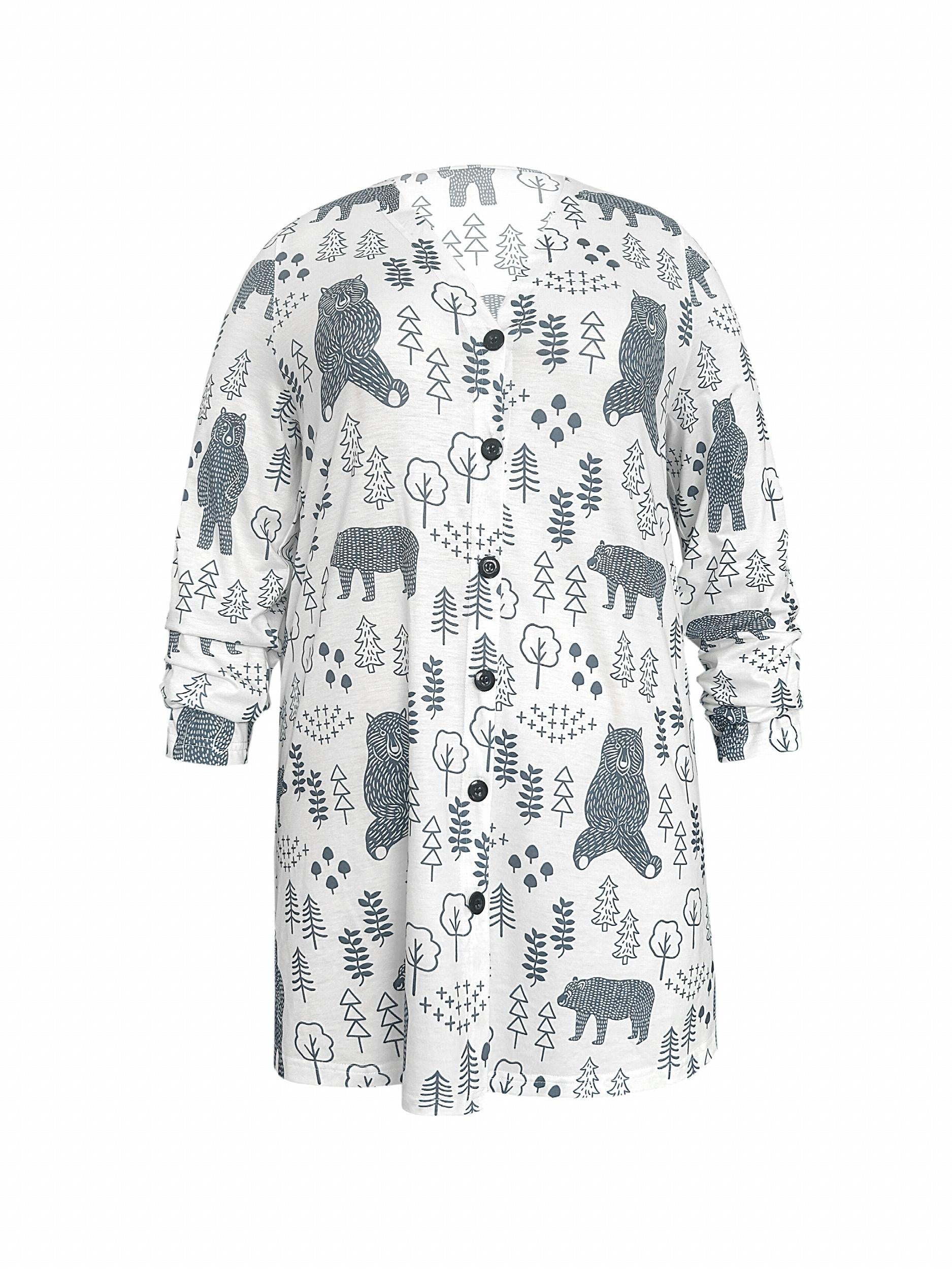 Tree & Bear Print Long Cardigan