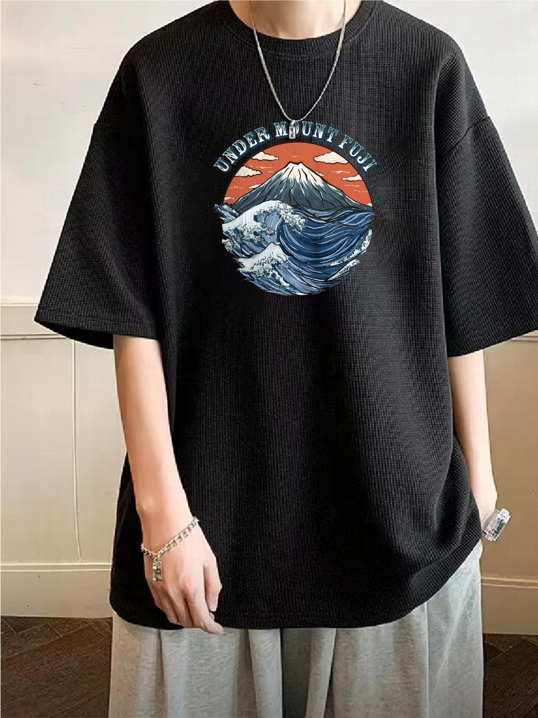 Mountain Print Waffle Sports T shirt Short Sleeve Crew Neck Top W