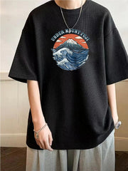 Mountain Print Waffle Sports T shirt Short Sleeve Crew Neck Top W