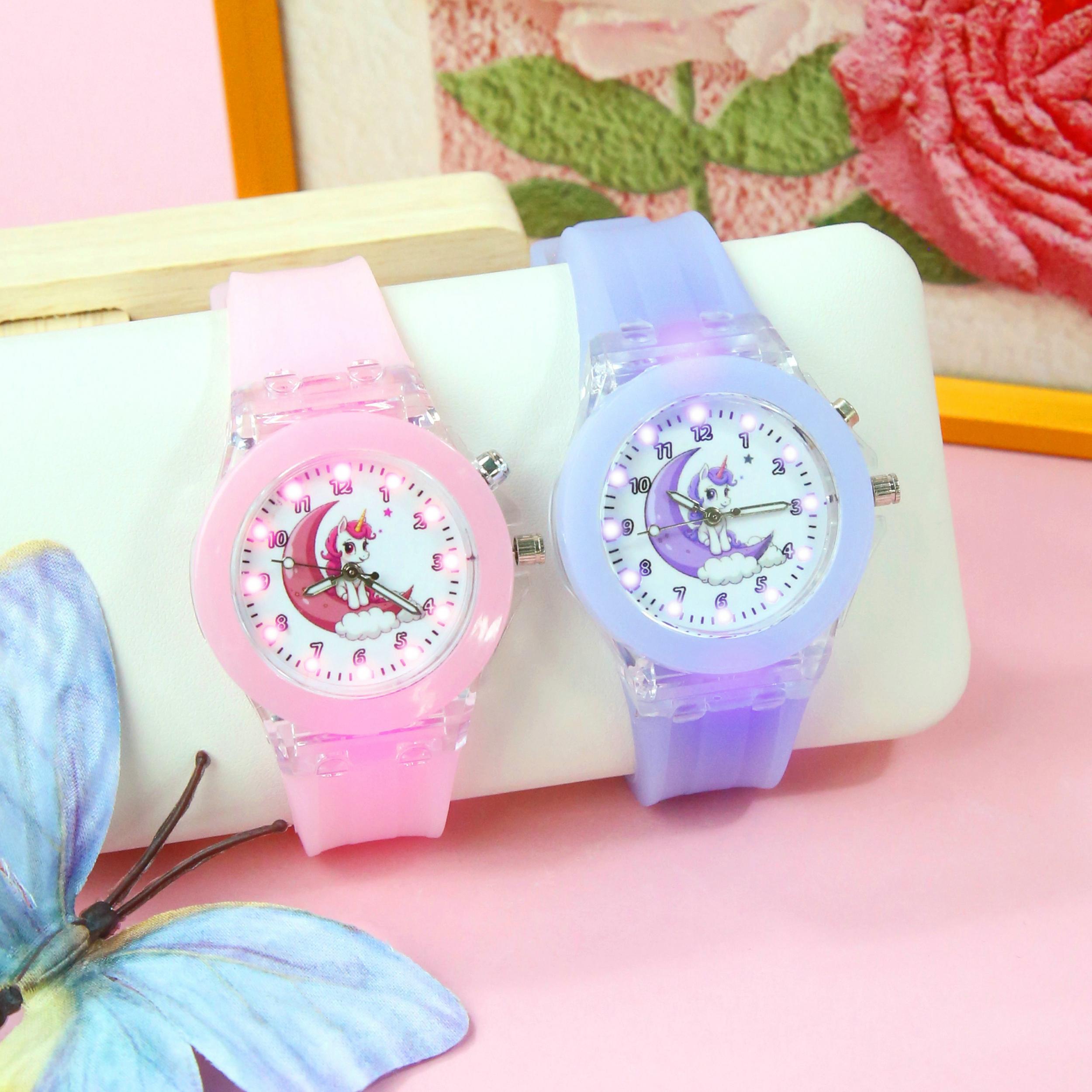 2pcs Unicorn Dual Quartz Watch Set for Girls LED Glow Soft Silicone Twin Sister