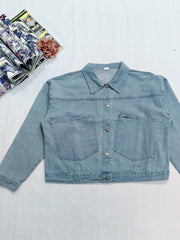 Casual Denim Top Women's Plus Solid Button Up Long Sleeve