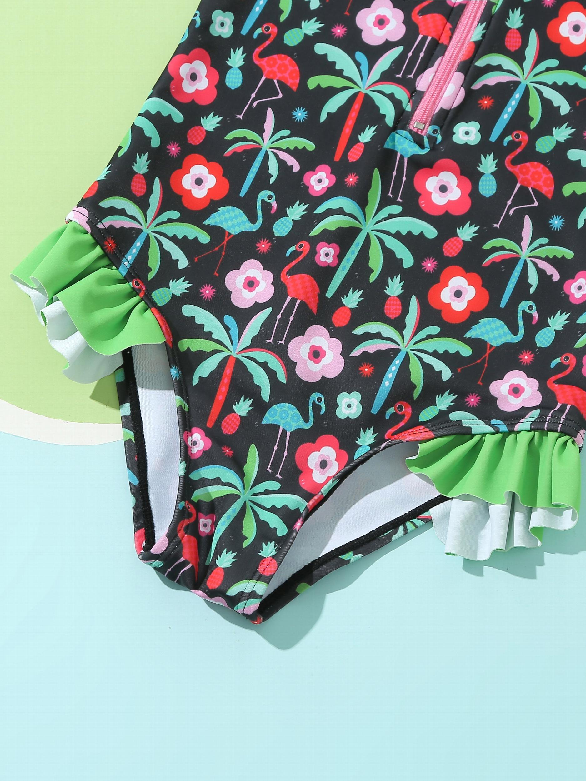 Flamingo & Flowers Graphic Short Sleeve Swimsuit