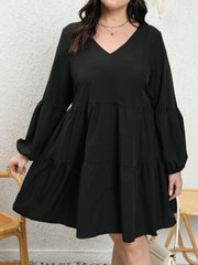 V Neck Mini Smock Dress Lantern Sleeve