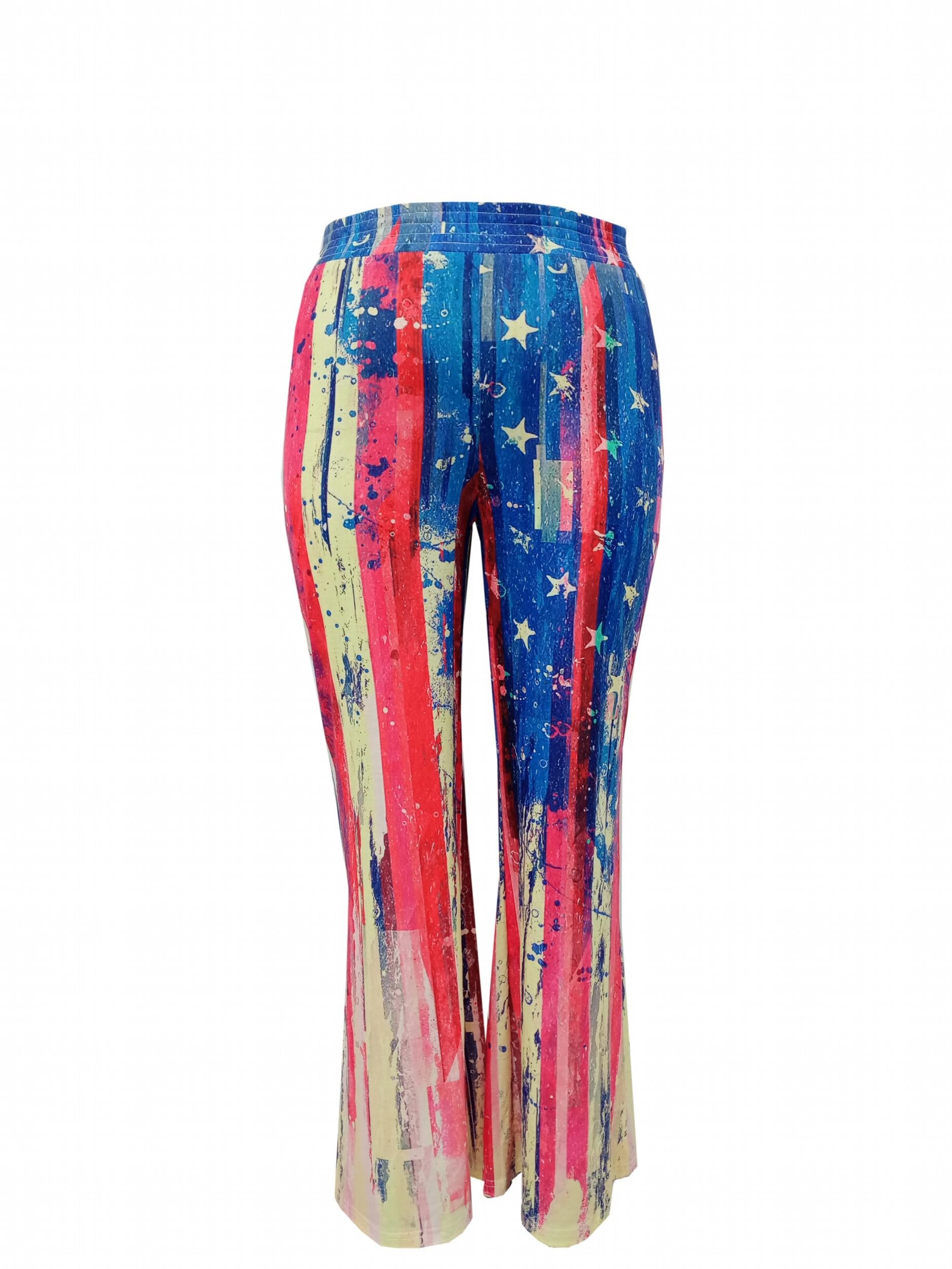 Women's Plus Flag Print Waist Band Low Rise Flare Leg Pants