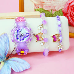 3pcs Girls' Pink & Clear Quartz Watch & Jewelry Set, Heart & Butterfly Bracelets
