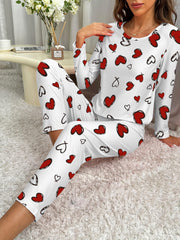 Heart Print Pajama Set Long Sleeve Crew Neck Top & Elastic Waistband Pants