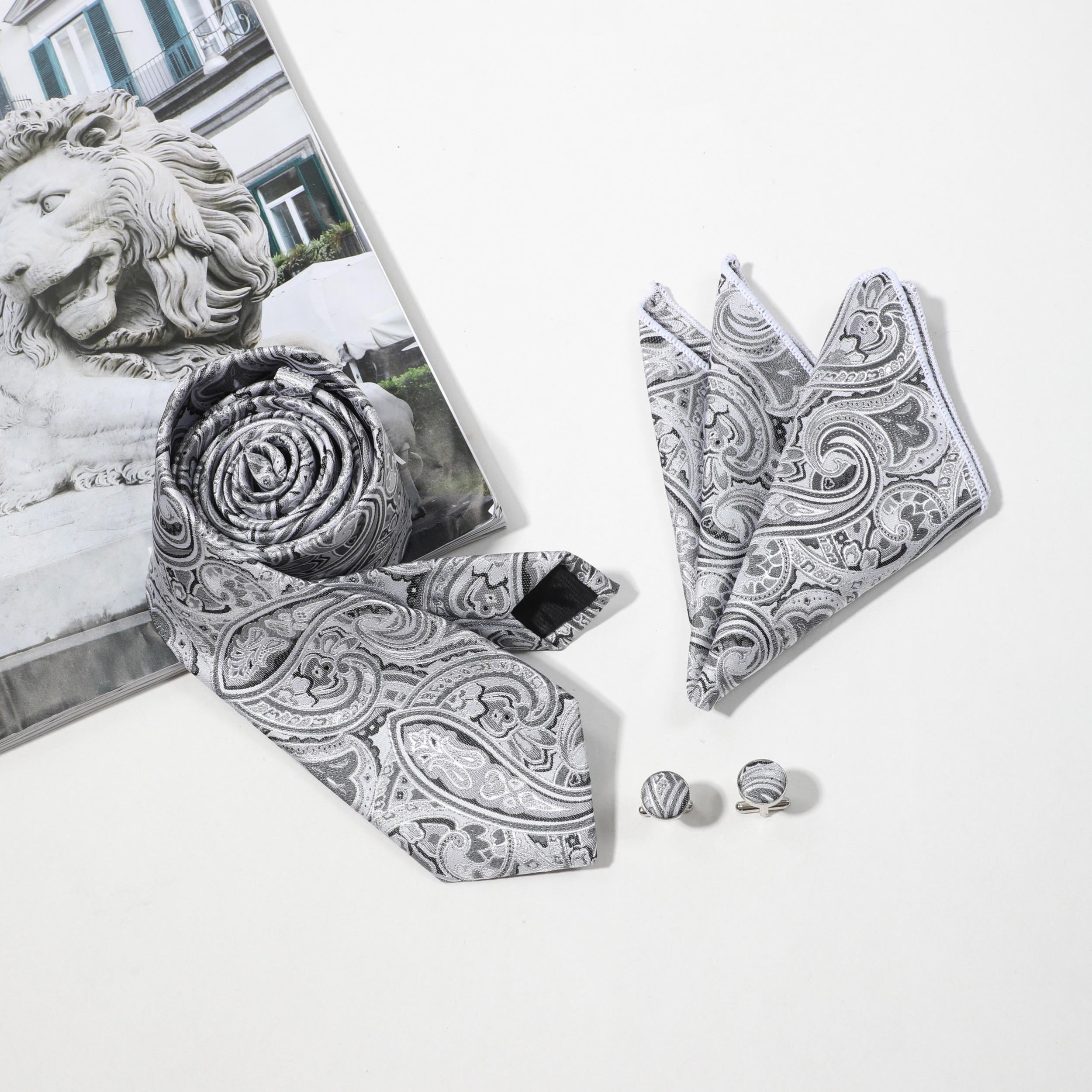 4pcs Silvery Paisley Jacquard Tie Set with Lapel Pin Brooch
