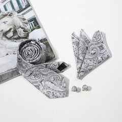 4pcs Silvery Paisley Jacquard Tie Set with Lapel Pin Brooch