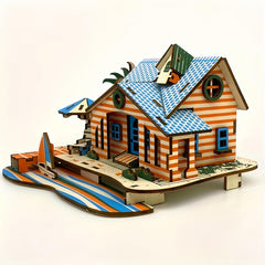 3D Wooden Beach House Puzzle DIY Toy Orange & Striped Theme