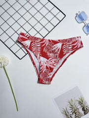 Cutout Lace Trim Halter Neck Red Solid Bra Top High Waist Plum Leaf Print Bikini