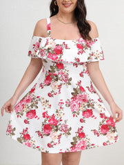 Women's Plus Floral Print Cold Shoulder Ruffle Trim Mini Dress